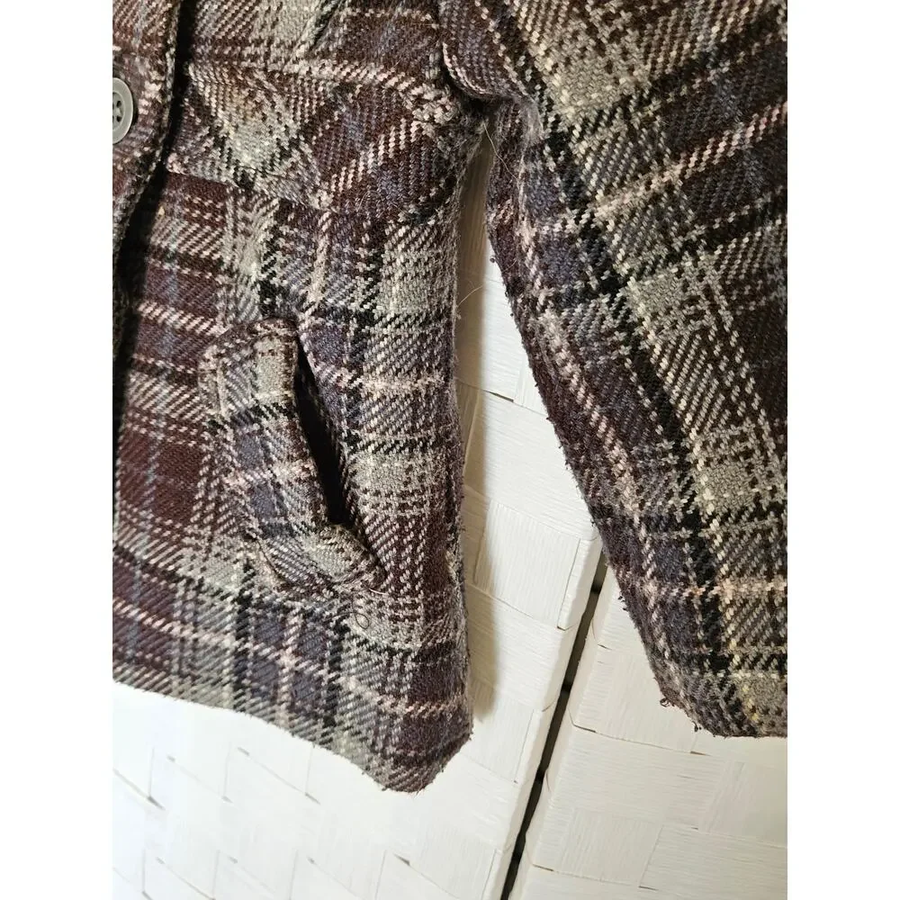 Vintage H&M Toddler Girls Gray & Pink Plaid Double-Breasted Peacoat.